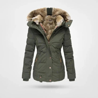 Getailleerde gewatteerde winterjas dames met faux fur capuchon en ritszakken