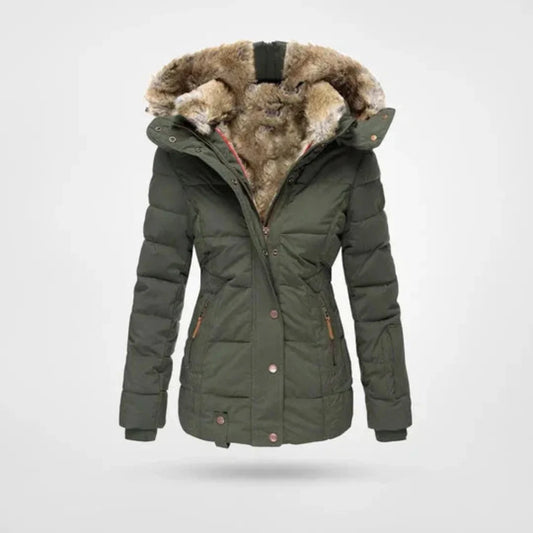 Getailleerde gewatteerde winterjas dames met faux fur capuchon en ritszakken