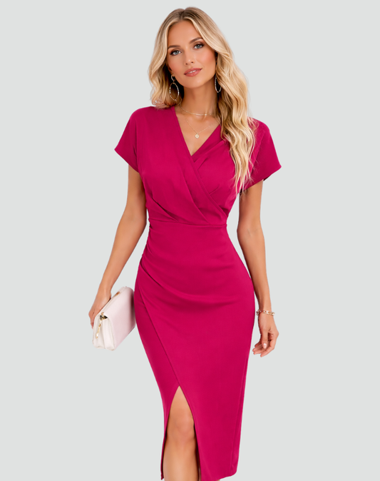 Overslag midi jurk dames met korte mouwen en split