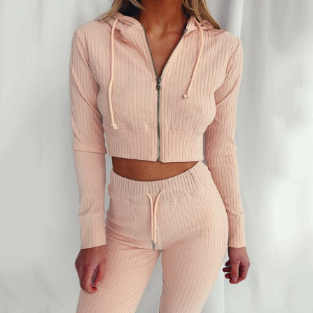 Geribbelde tweedelige set dames met crop hoodie en broek met hoge taille