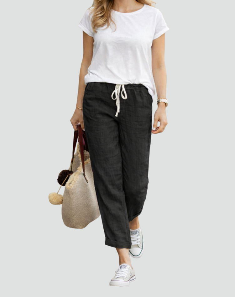 Losse broek dames met elastische tailleband en trekkoord
