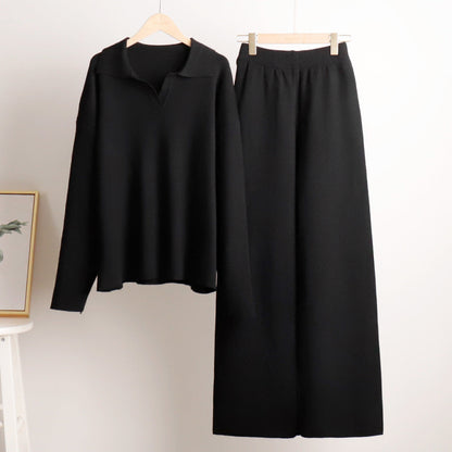 Gebreide tweedelige set met polokraag en wijde broek voor dames