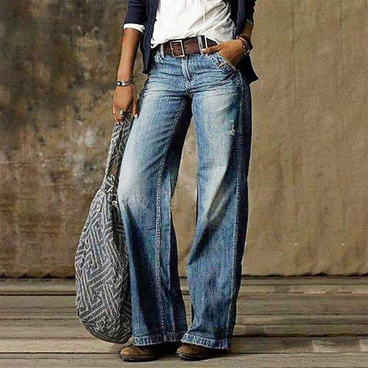 Gewassen wide leg jeans dames met halfhoge taille en 5-pocket