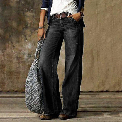 Gewassen wide leg jeans dames met halfhoge taille en 5-pocket