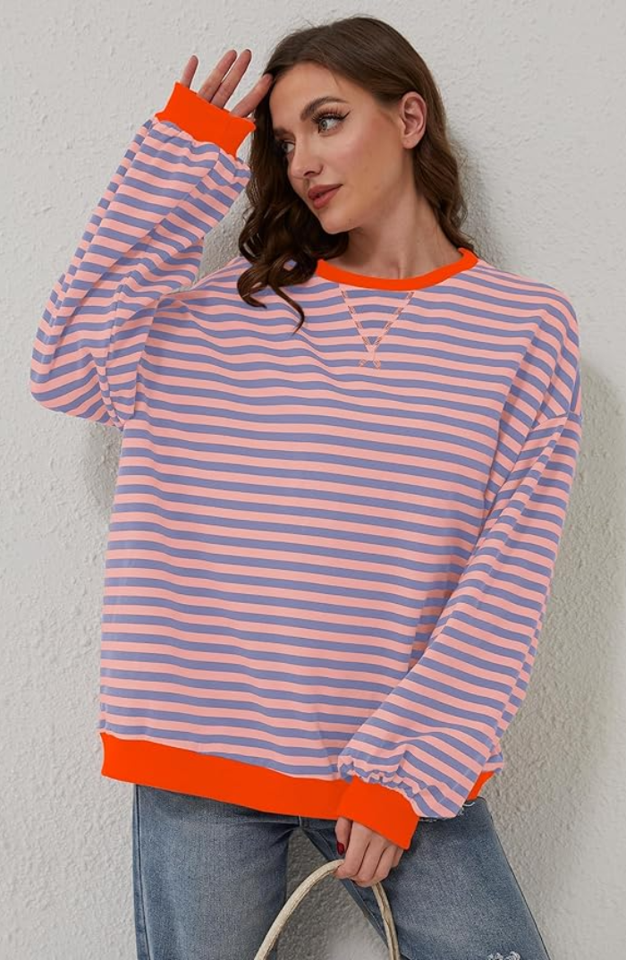 Ronde hals gestreepte sweater dames met oversized pasvorm