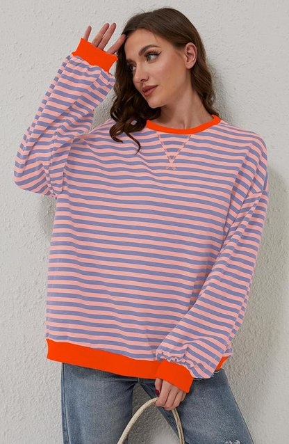 Ronde hals gestreepte sweater dames met oversized pasvorm