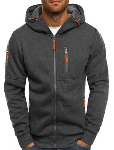 Hoodie heren met doorlopende rits, capuchon met trekkoord en vier ritszakken
