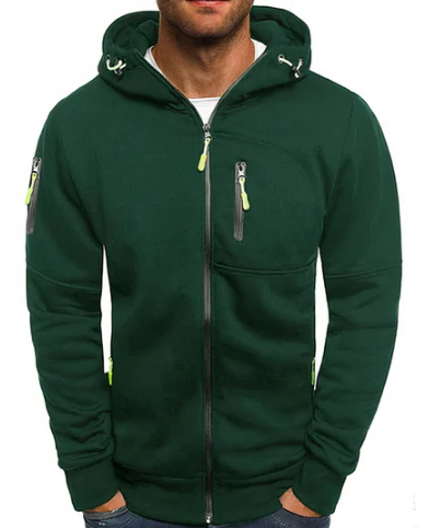 Hoodie heren met doorlopende rits, capuchon met trekkoord en vier ritszakken