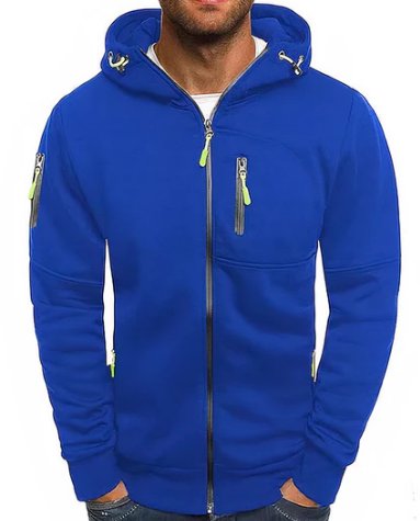 Hoodie heren met doorlopende rits, capuchon met trekkoord en vier ritszakken