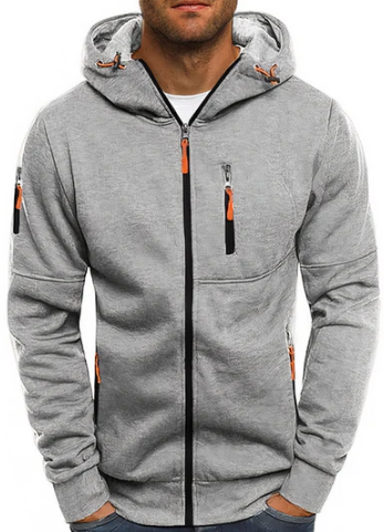 Hoodie heren met doorlopende rits, capuchon met trekkoord en vier ritszakken