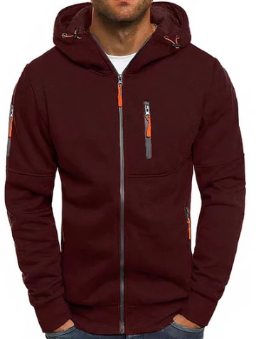 Hoodie heren met doorlopende rits, capuchon met trekkoord en vier ritszakken
