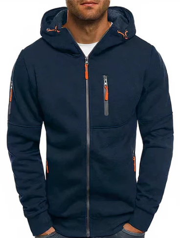 Hoodie heren met doorlopende rits, capuchon met trekkoord en vier ritszakken
