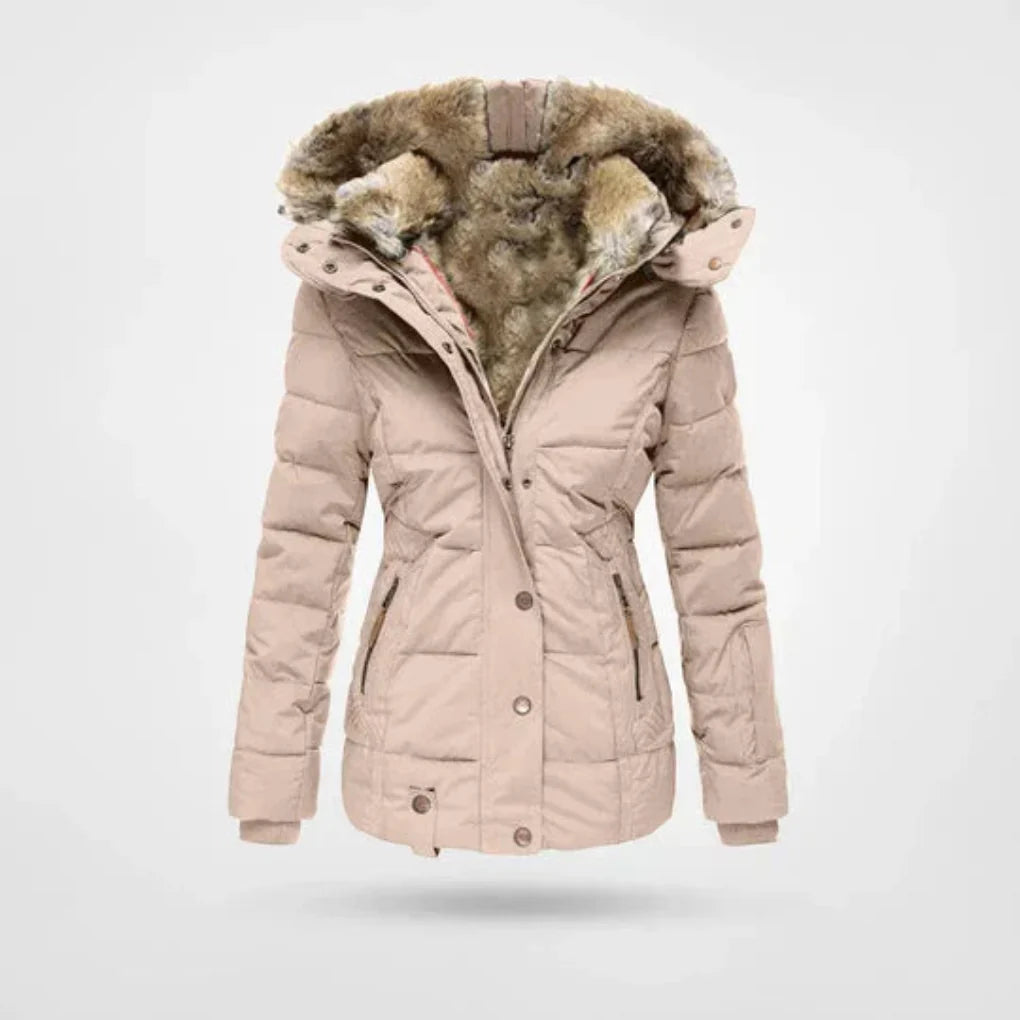 Getailleerde gewatteerde winterjas dames met faux fur capuchon en ritszakken