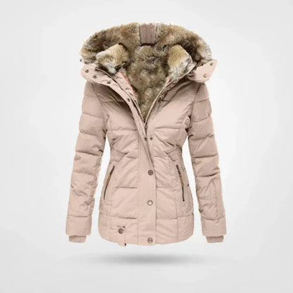 Getailleerde gewatteerde winterjas dames met faux fur capuchon en ritszakken