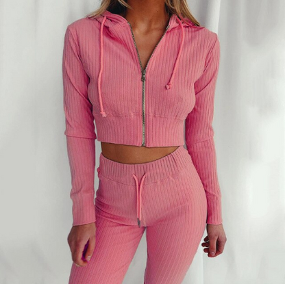Geribbelde tweedelige set dames met crop hoodie en broek met hoge taille
