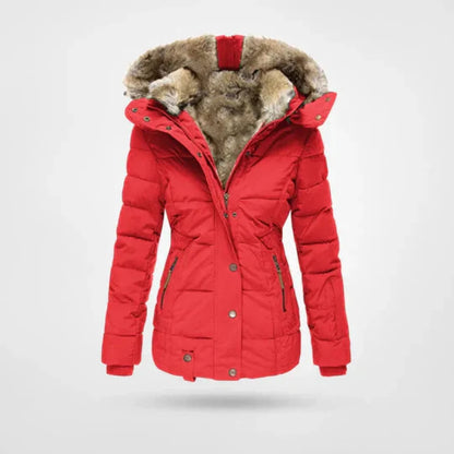 Getailleerde gewatteerde winterjas dames met faux fur capuchon en ritszakken