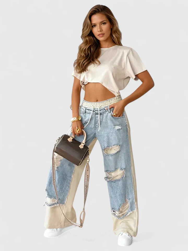 Denim joggingbroek met wijde pijpen en trekkoord voor dames