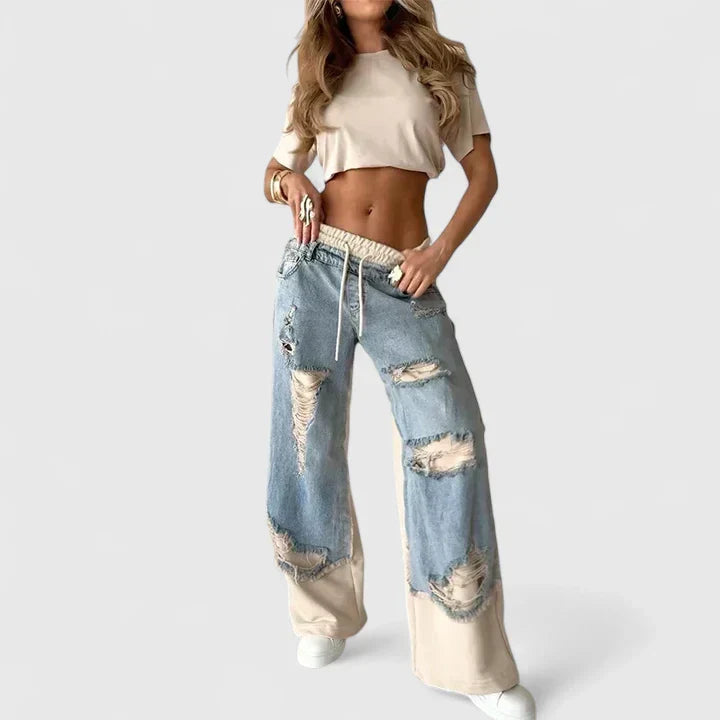 Denim joggingbroek met wijde pijpen en trekkoord voor dames