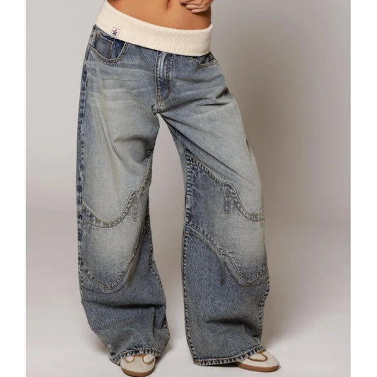 Low waist baggy wide leg jeans dames met paneeldetails
