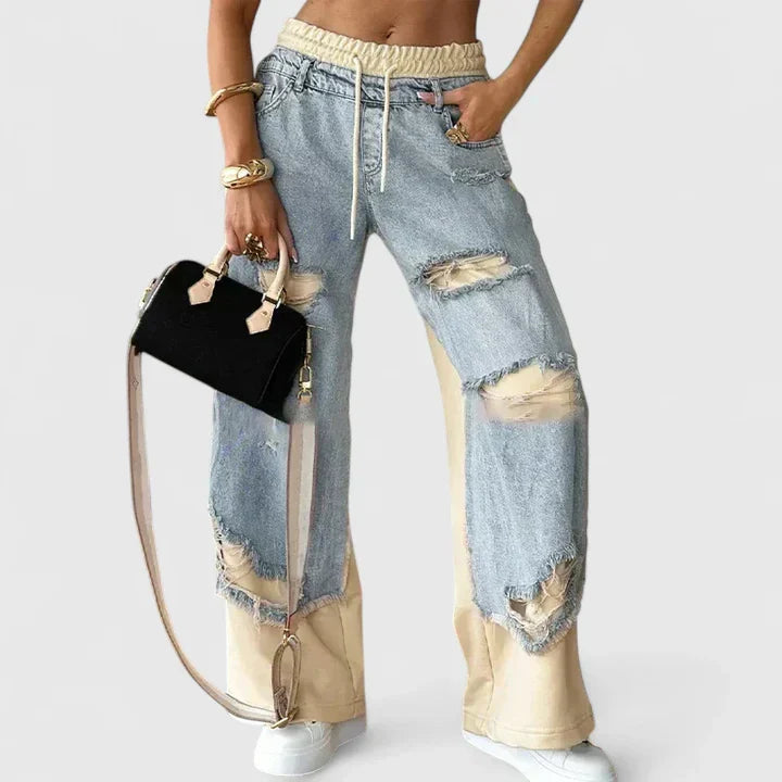 Denim joggingbroek met wijde pijpen en trekkoord voor dames
