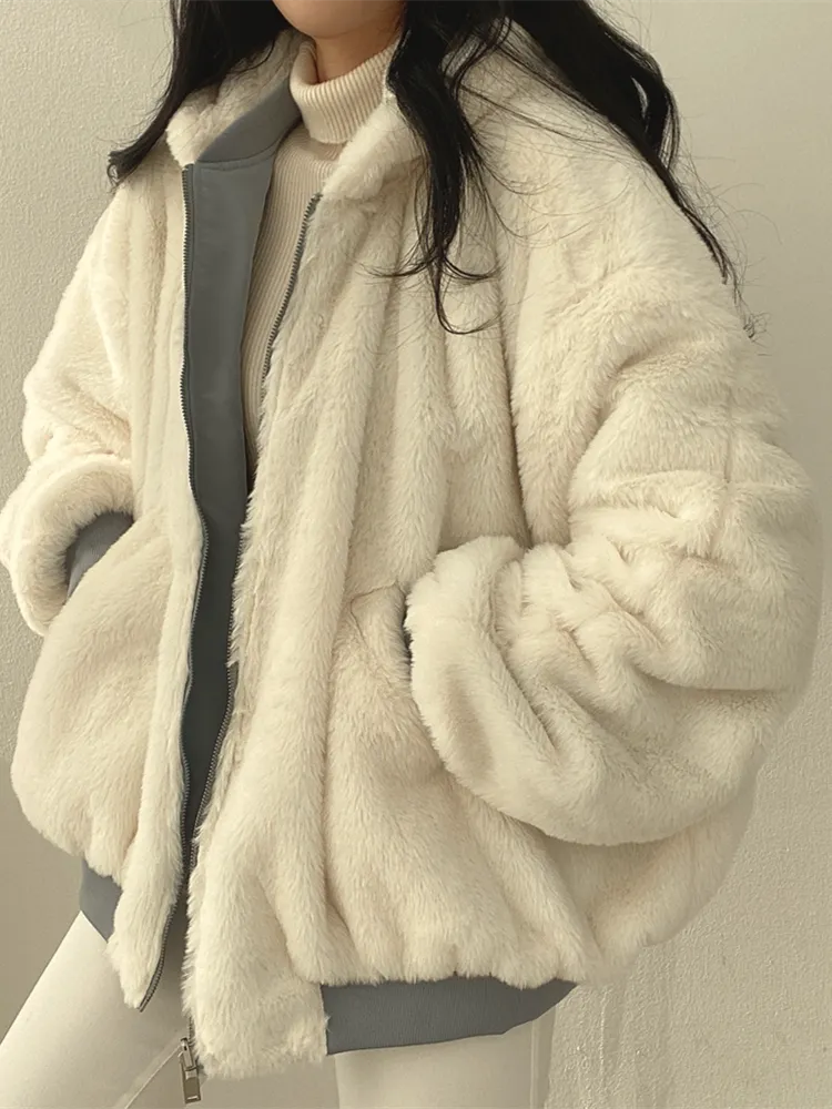 Omkeerbare teddy winterjas dames met capuchon en rits