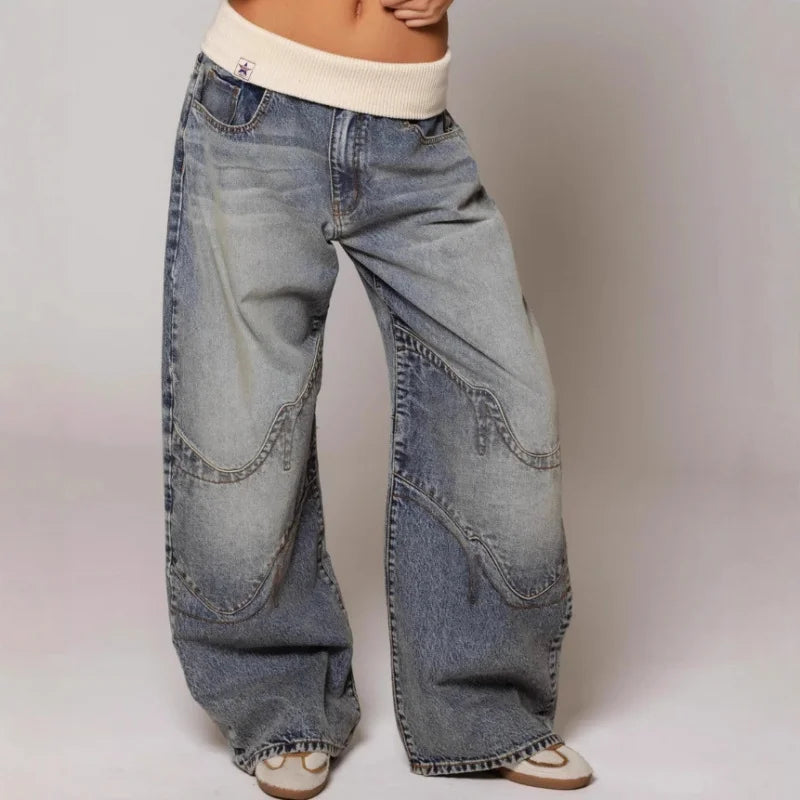 Low waist baggy wide leg jeans dames met paneeldetails