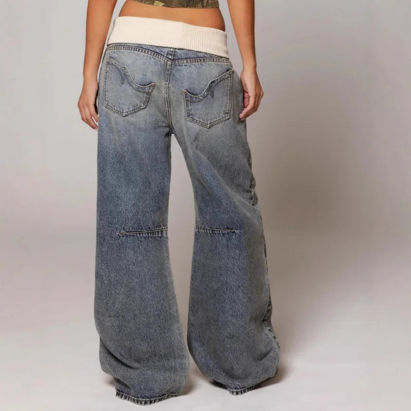 Low waist baggy wide leg jeans dames met paneeldetails
