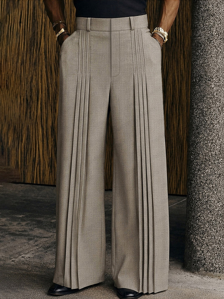 Pantalon heren met wijde pijpen, plooien en hoge taille