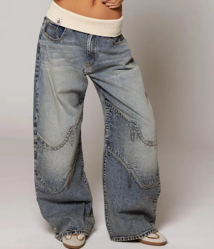 Low waist baggy wide leg jeans dames met paneeldetails