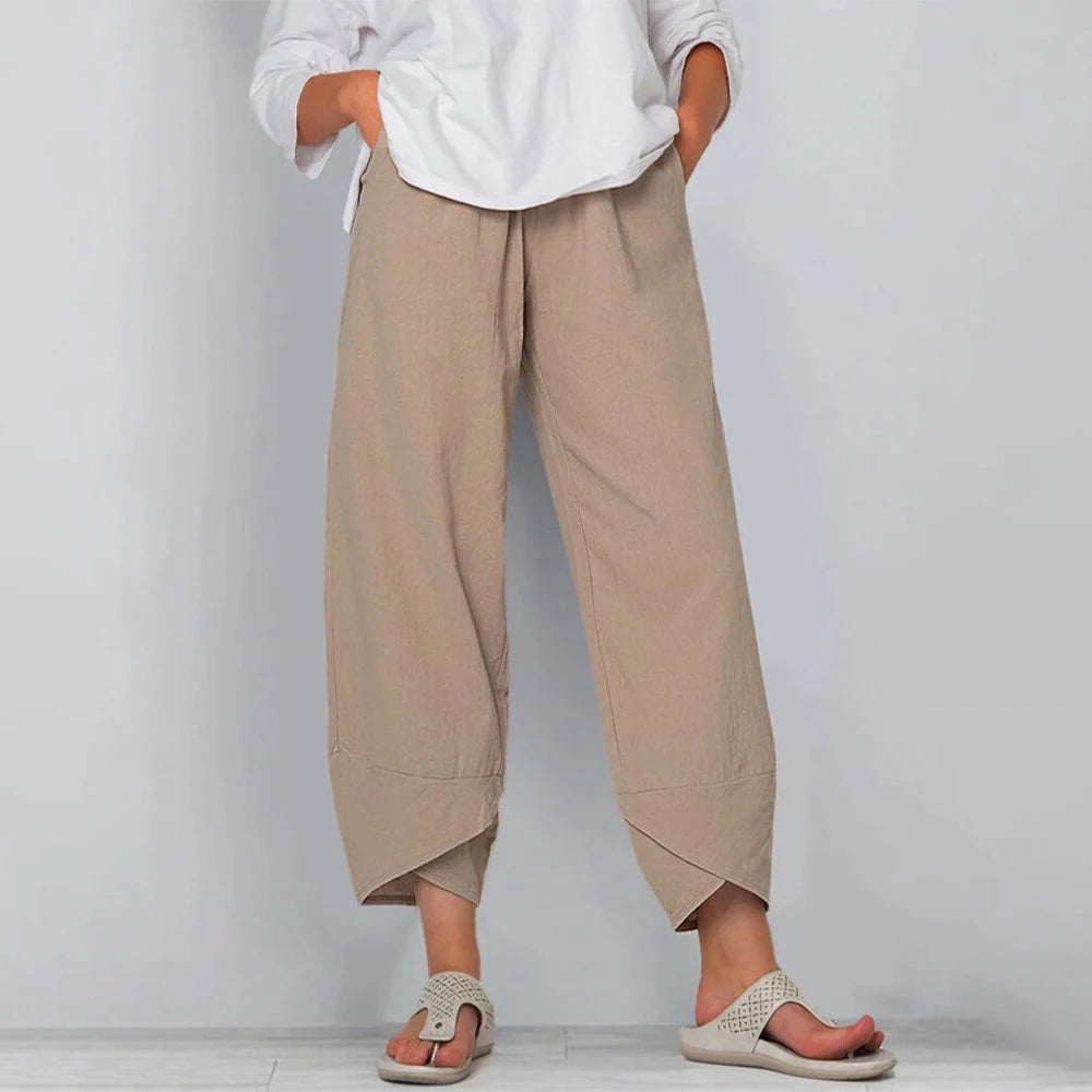 Cropped broek dames met wijde pijpen en elastische tailleband