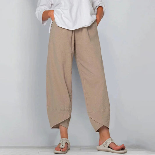 Cropped broek dames met wijde pijpen en elastische tailleband