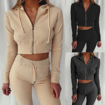 Geribbelde tweedelige set dames met crop hoodie en broek met hoge taille