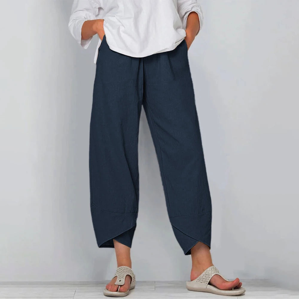 Cropped broek dames met wijde pijpen en elastische tailleband