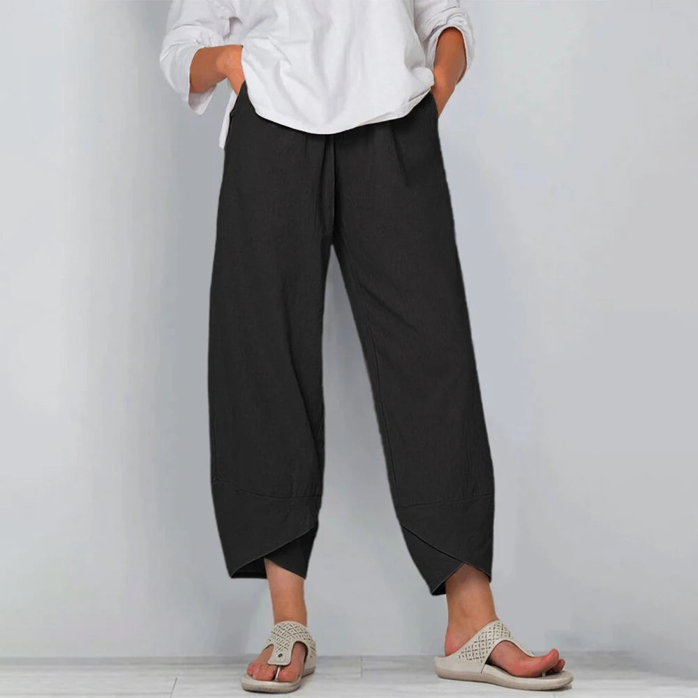 Cropped broek dames met wijde pijpen en elastische tailleband