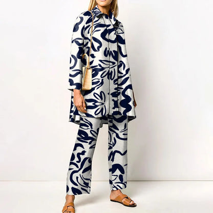 Tweedelige set dames met lange blouse en rechte broek met print