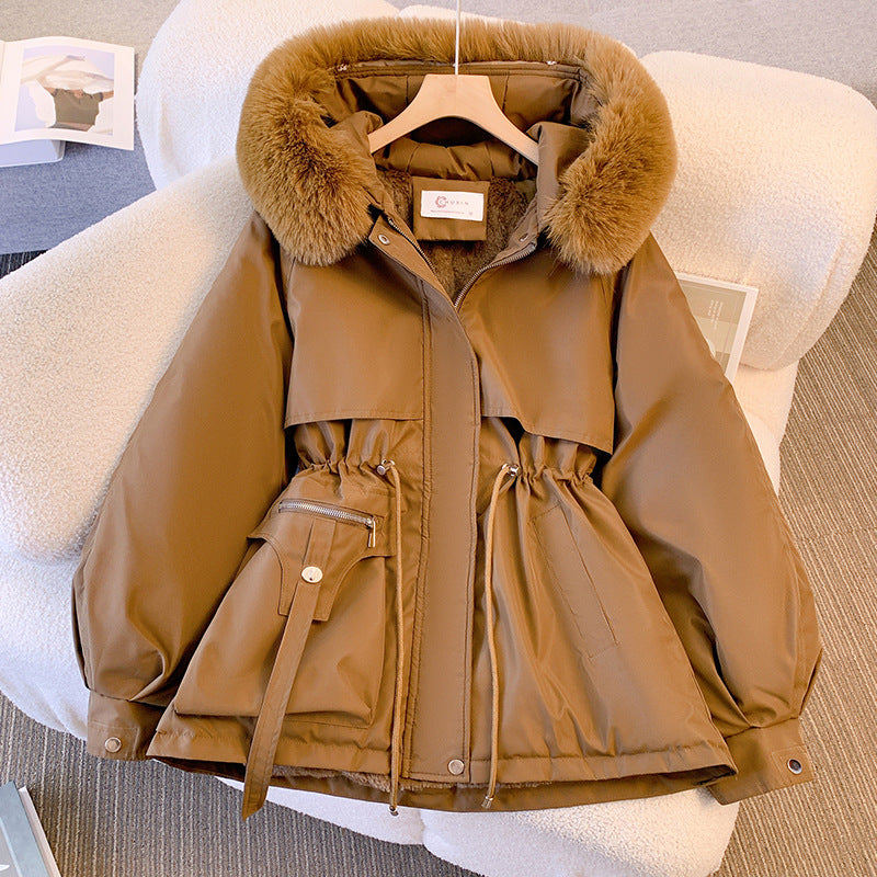 Gewatteerde winterparka dames met capuchon en trekkoord in taille