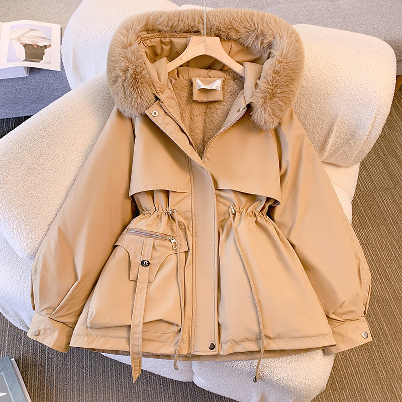 Gewatteerde winterparka dames met capuchon en trekkoord in taille