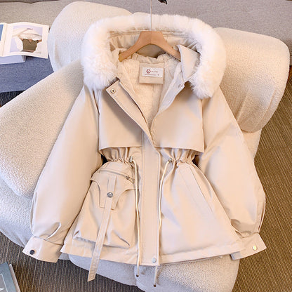 Gewatteerde winterparka dames met capuchon en trekkoord in taille