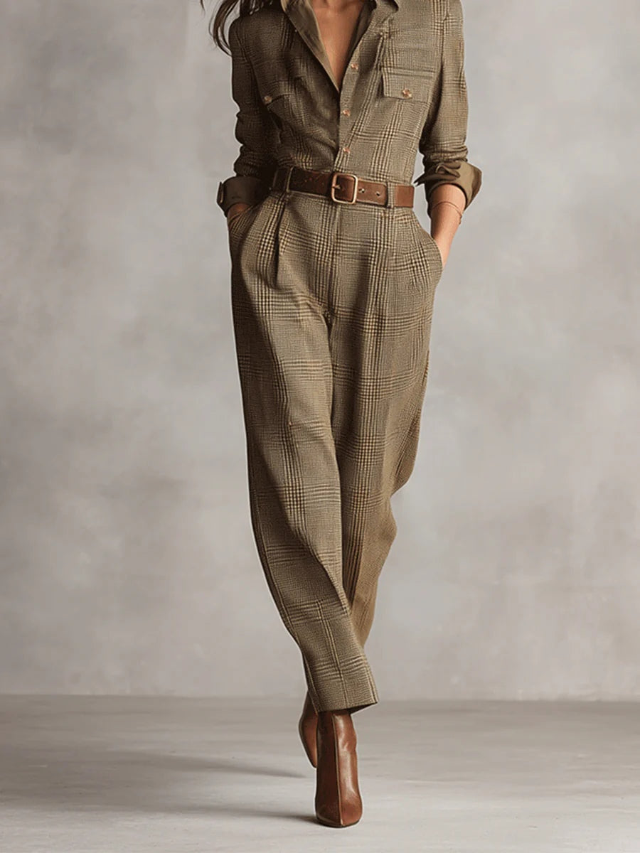 Doorknoop jumpsuit dames met ceintuur en lange mouwen, geruit