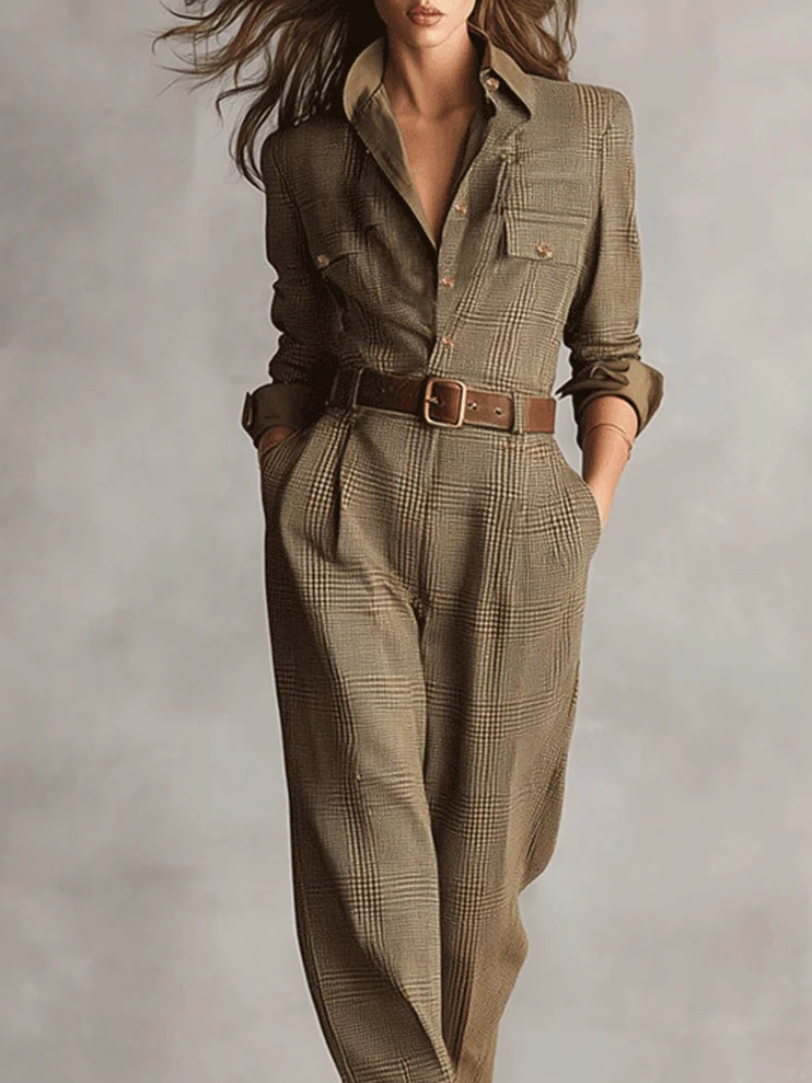 Doorknoop jumpsuit dames met ceintuur en lange mouwen, geruit