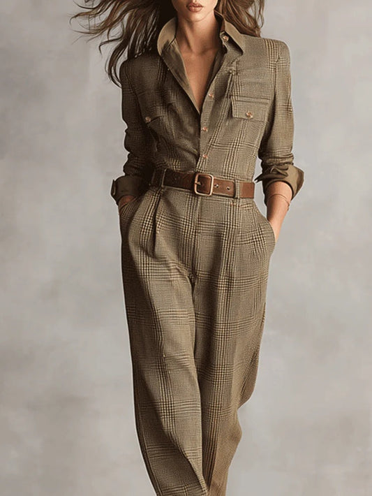 Doorknoop jumpsuit dames met ceintuur en lange mouwen, geruit