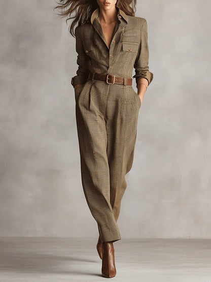 Doorknoop jumpsuit dames met ceintuur en lange mouwen, geruit