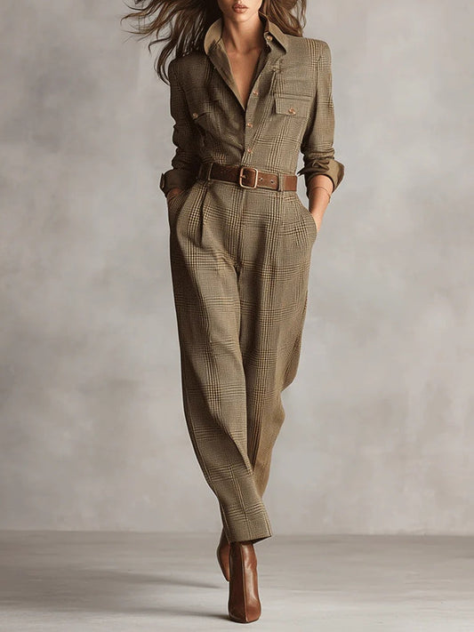 Doorknoop jumpsuit dames met ceintuur en lange mouwen, geruit