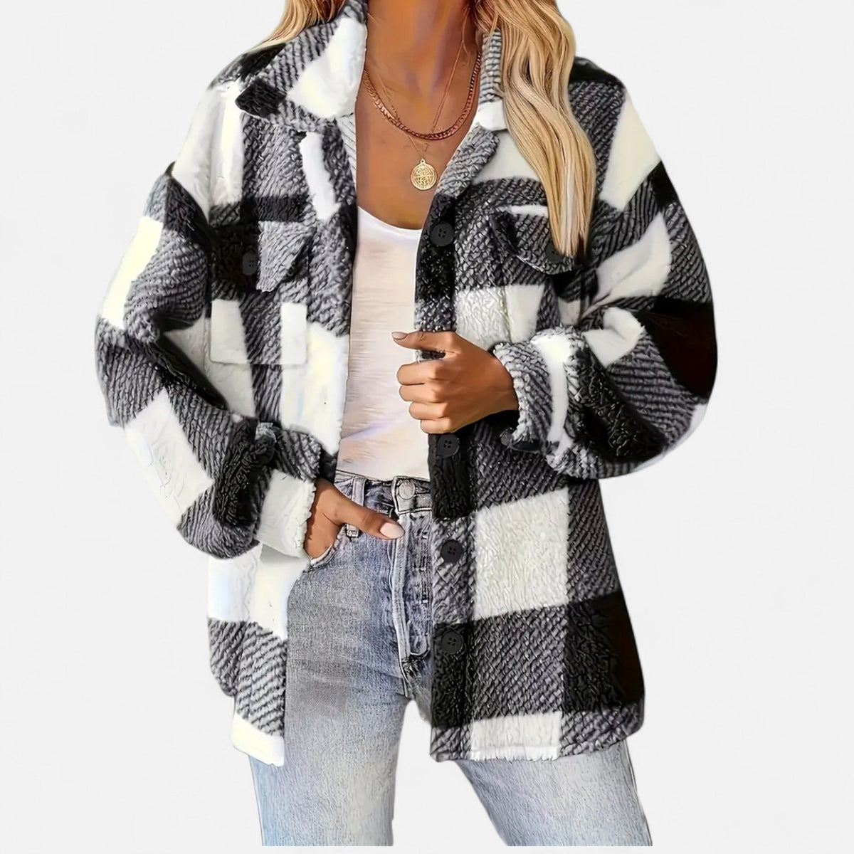 Geruite teddy shacket dames met knoopsluiting en oversized pasvorm