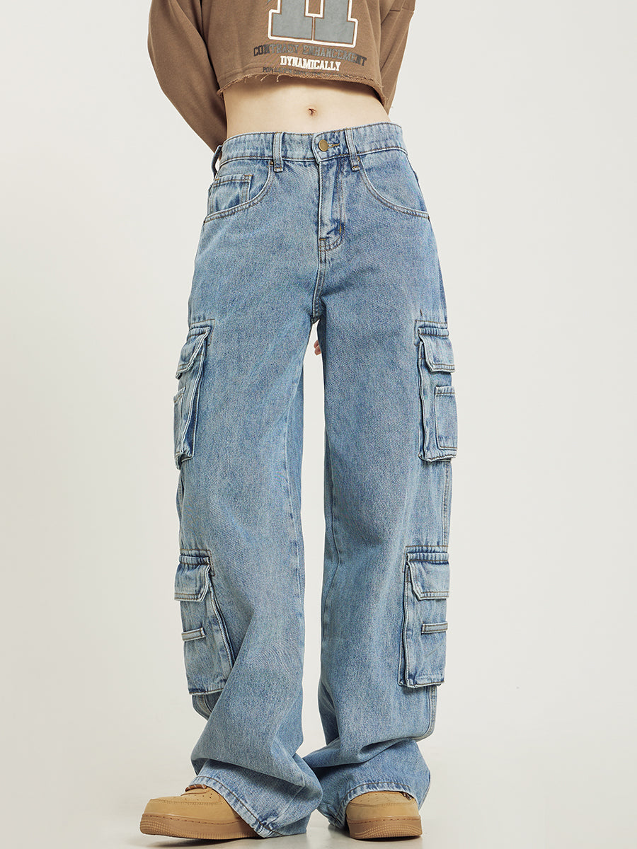 Baggy cargo jeans dames met wijde pijpen en middelhoge taille