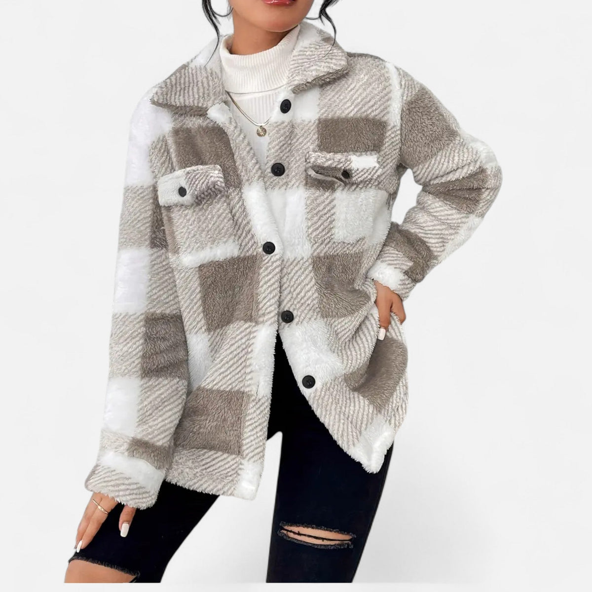 Geruite teddy shacket dames met knoopsluiting en oversized pasvorm