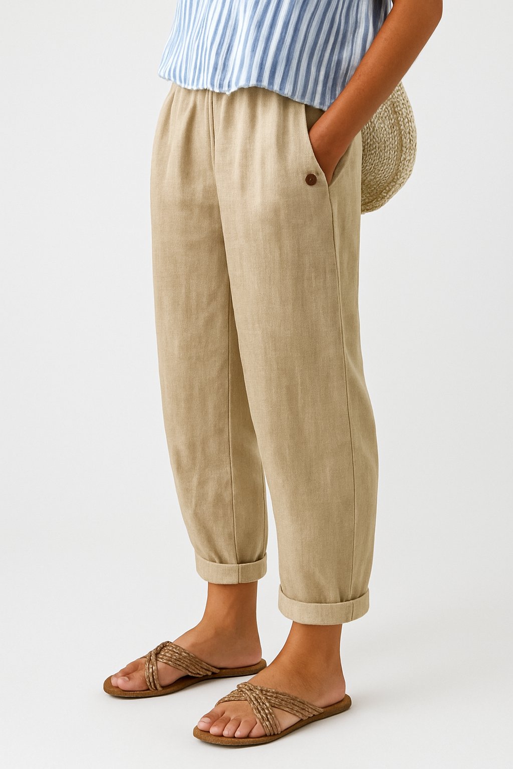 Losvallende broek dames met elastische tailleband en omslagzoom