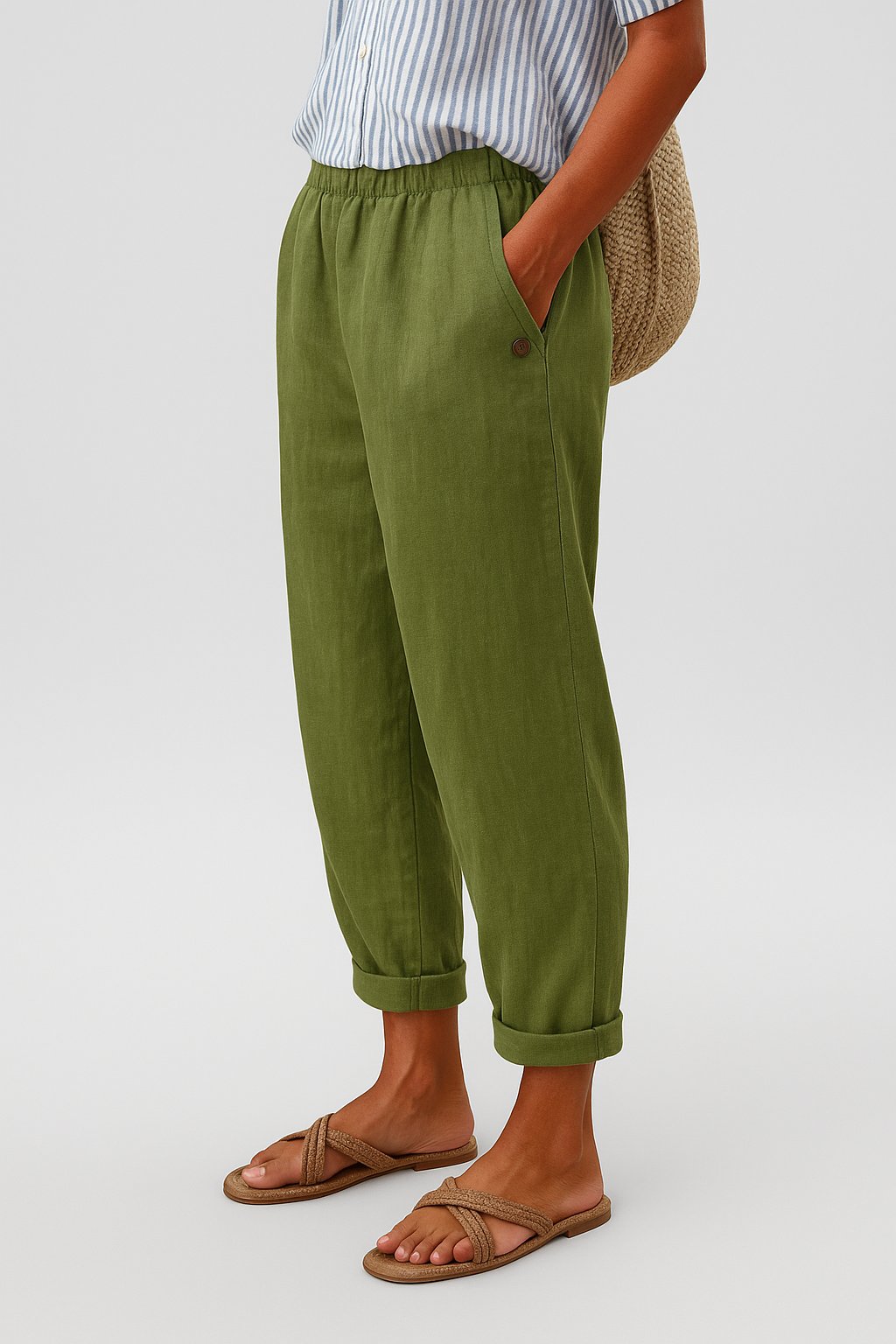 Losvallende broek dames met elastische tailleband en omslagzoom