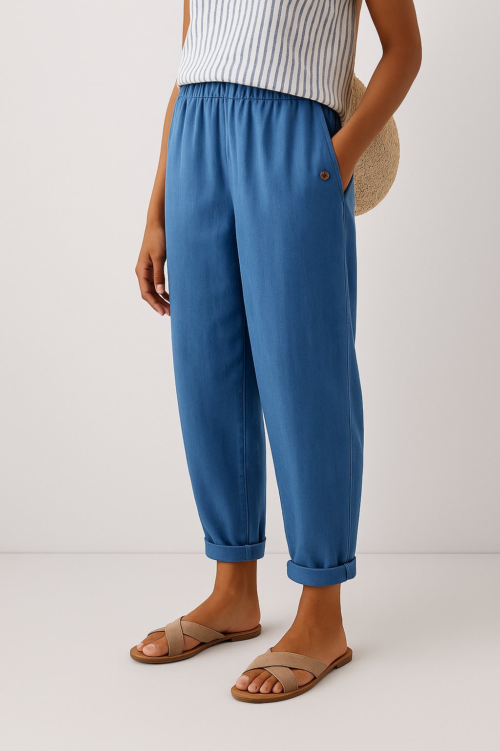 Losvallende broek dames met elastische tailleband en omslagzoom
