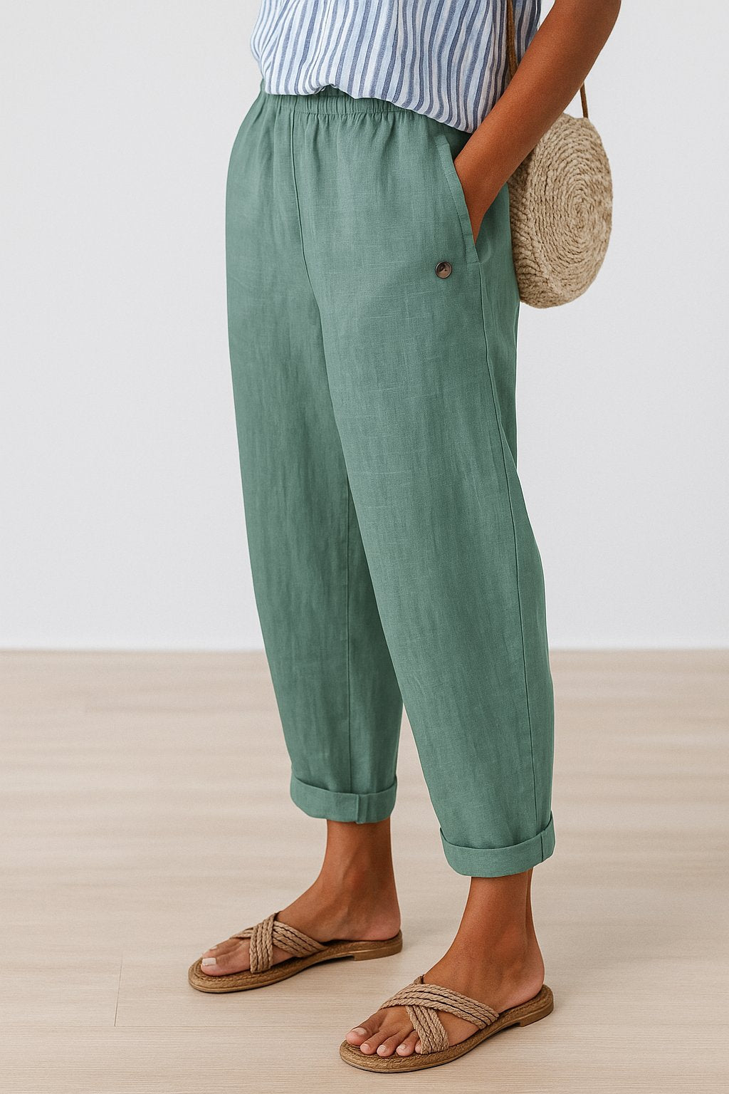 Losvallende broek dames met elastische tailleband en omslagzoom